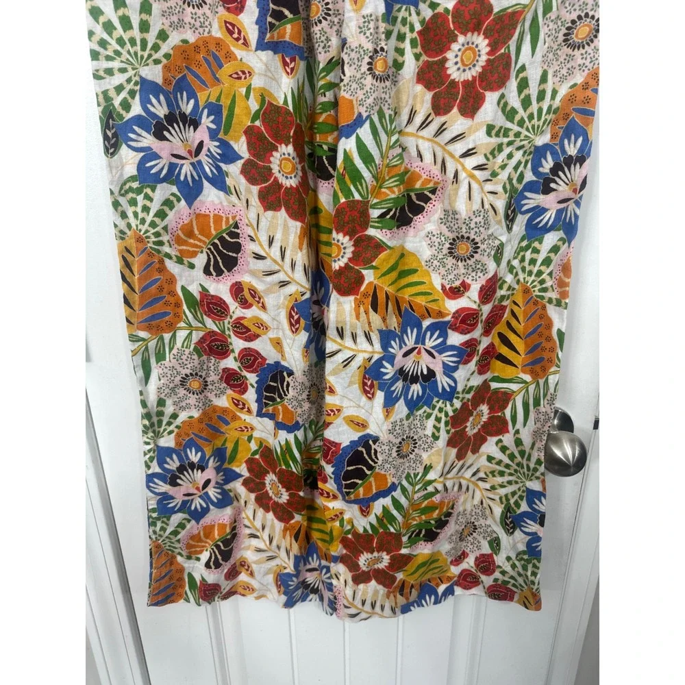 C&C California Womens Large 100% Linen Wide Leg Tropical Floral Pants MultiColor